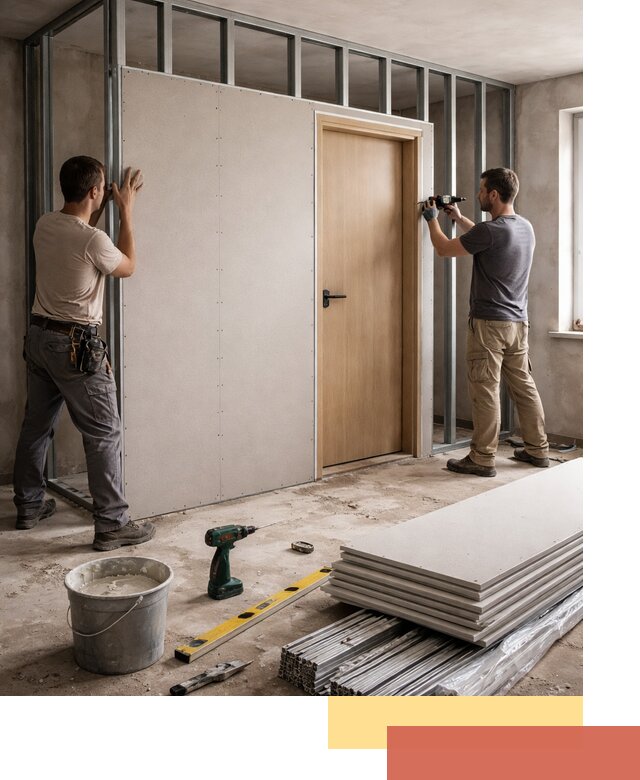 Перегородка из гипсокартона с дверью под ключ в Донецке