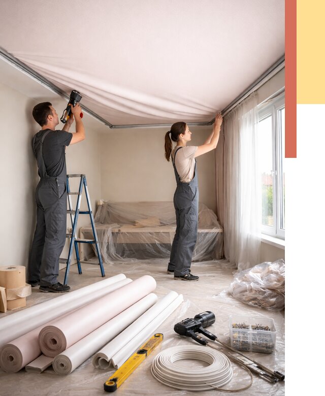 Монтаж цветного натяжного потолка в Донецке от 4598 руб/м² — быстро и недорого | ОТДЕЛОЧНИК-Днк