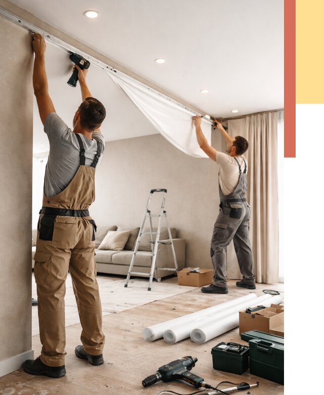 Монтаж натяжного потолка в гостиной в Донецке от 602 руб. | ОТДЕЛОЧНИК-Днк