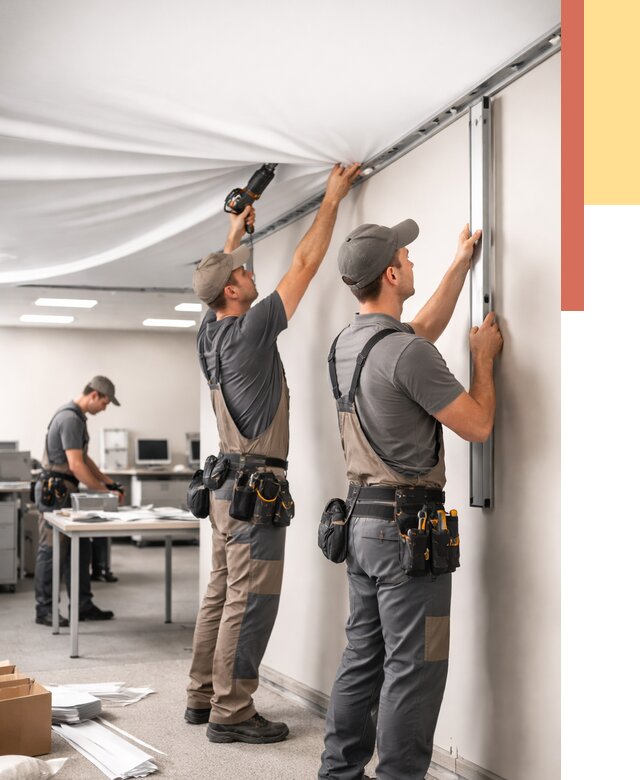 Монтаж натяжного потолка в офисе в Донецке от 493 руб/м² — быстро и недорого | ОТДЕЛОЧНИК-Днк