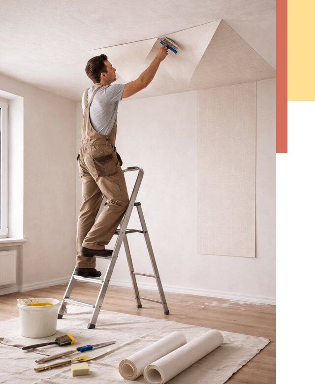 Поклейка обоев на потолок в Донецке от 4927 руб. быстро и недорого | ОТДЕЛОЧНИК-Днк